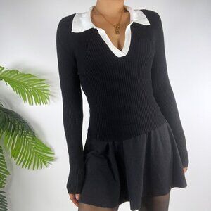 Rue21 Womens Black & White Long Sleeve Collared Knit Elegant Classy Top / Med